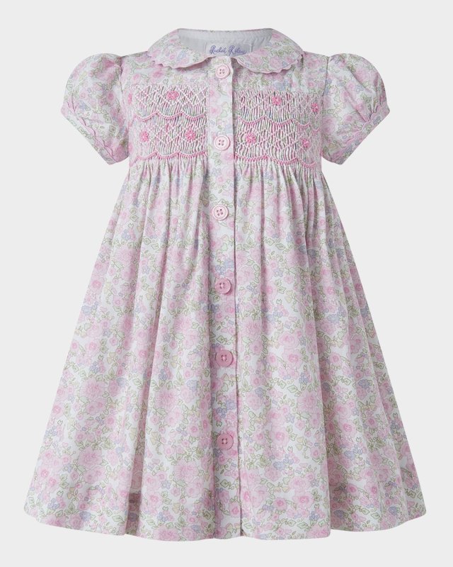 Girl's Ditsy Smocked Button-Front Dress and Bloomers Set, Size 6M-24